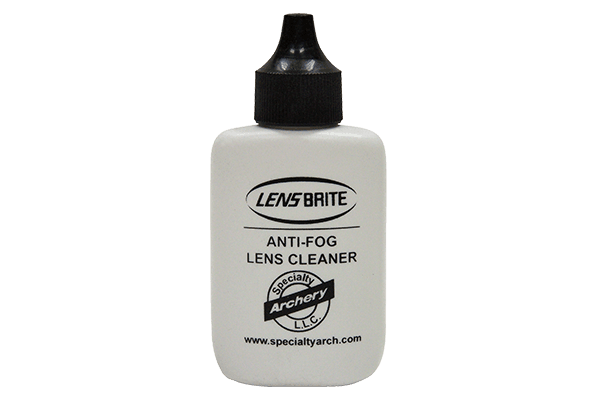Lens Brite anti-fog lens cleaner bottle by Specialty Archery, white with black cap and label.