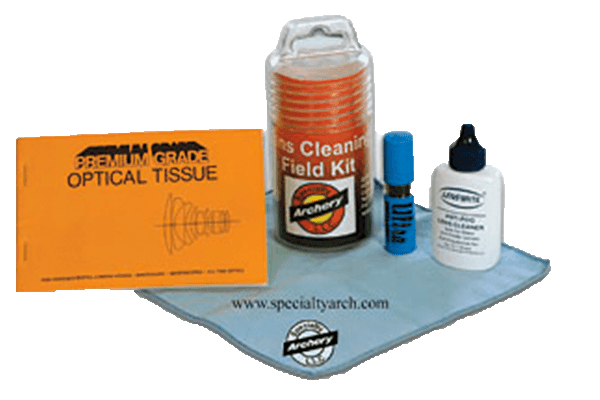 Specialty Archery lens cleaning kit with optical tissue, solution, and microfiber cloth