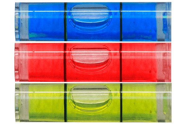 Three specialty archery bubble levels in blue, red, and yellow stacked horizontally
