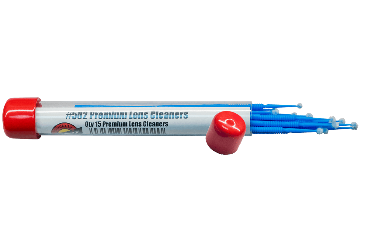 Specialty Archery Premium Lens Cleaning Swabs in clear tube with red caps and blue handles