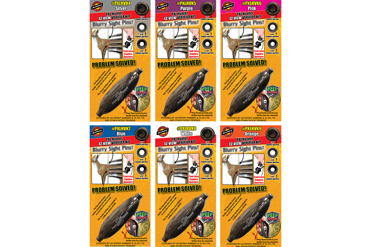 Specialty Archery PXL Hunter EZ-View Verifier Kit packaging, multiple colors displayed