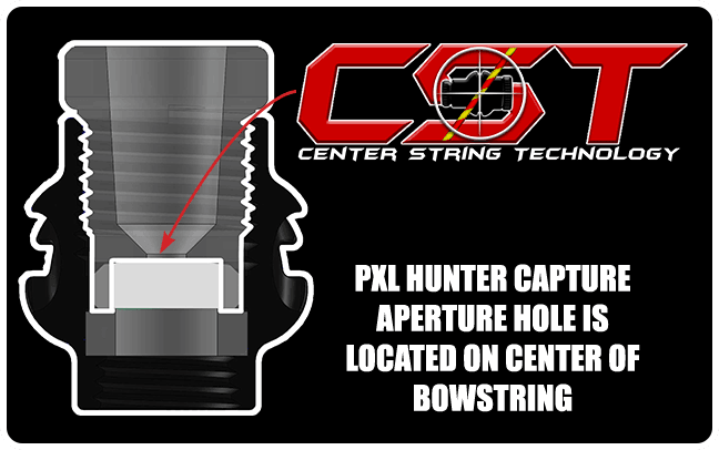 Diagram of PXL Hunter peep sight aperture hole centered on bowstring with CST logo