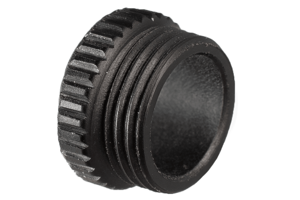 Black Specialty Archery PXL Hunter peep shade cap with ridged grip and threaded design