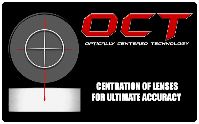 OCT Optically Centered Technology graphic with target lens and centering arrow for lens accuracy