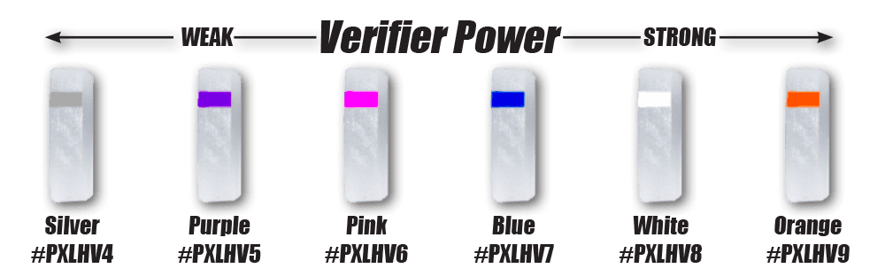 Six Specialty Archery PXL Hunter Peep Verifier lenses in silver, purple, pink, blue, white, and orange with product codes.