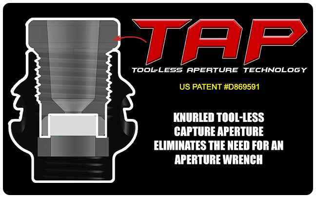 TAP tool-less aperture technology graphic showing knurled capture aperture for archery.