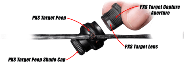 PXS Target Peep Clarifier Kit with labeled parts on bowstring and fingers holding aperture