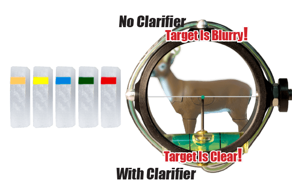 Specialty Archery PXS Target Peep Deluxe Kit with clarifiers and sight showing clear and blurry deer target comparison