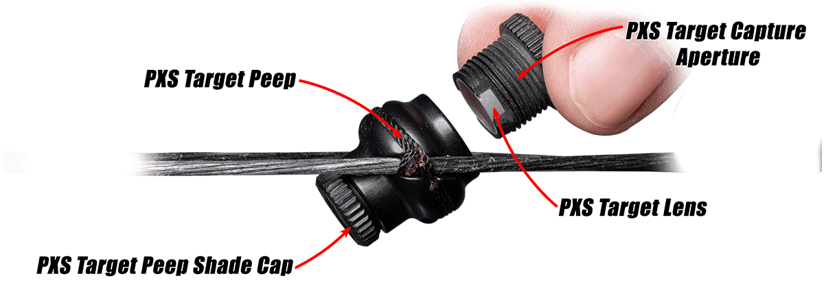 PXS Target Peep Deluxe Kit parts labeled on a bow string, including lens, shade cap, and aperture.