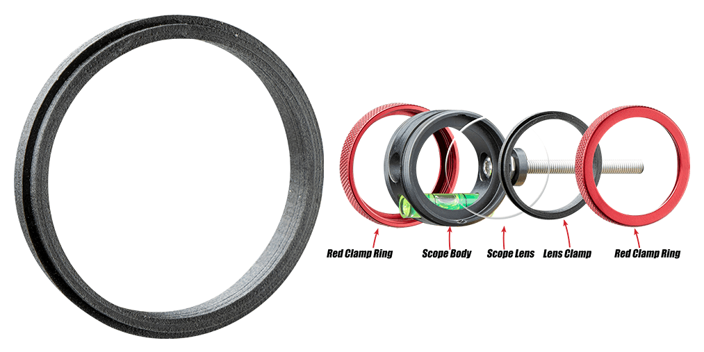 Specialty Archery Versa2 lens clamp with labeled diagram showing red clamp ring, scope body, scope lens, and lens clamp parts