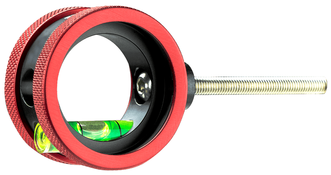 Specialty Archery Versa2 target scope with red housing, sight level, and steel mounting rod