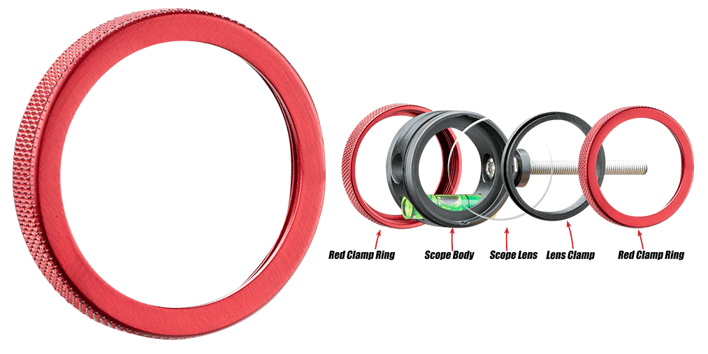 Red clamp ring for Specialty Archery Versa3 and Versa2 with labeled assembly diagram