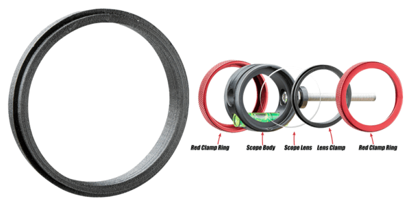 Specialty Archery Versa3 lens clamp and assembly parts for archery scopes, labeled diagram.