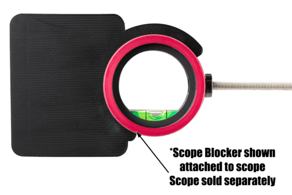 Specialty Archery Versa3 scope blocker attached to scope with red ring and level indicator