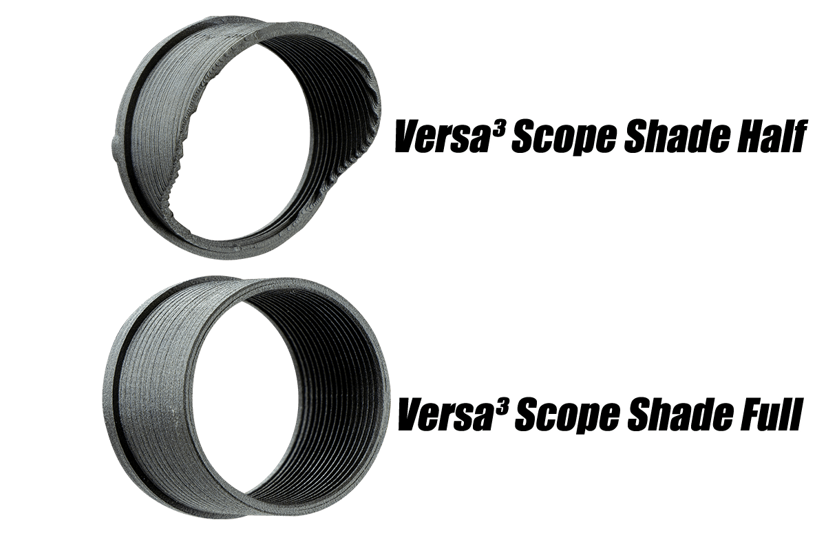 Specialty Archery Versa3 Scope Shade Half and Full, black threaded scope accessories side by side