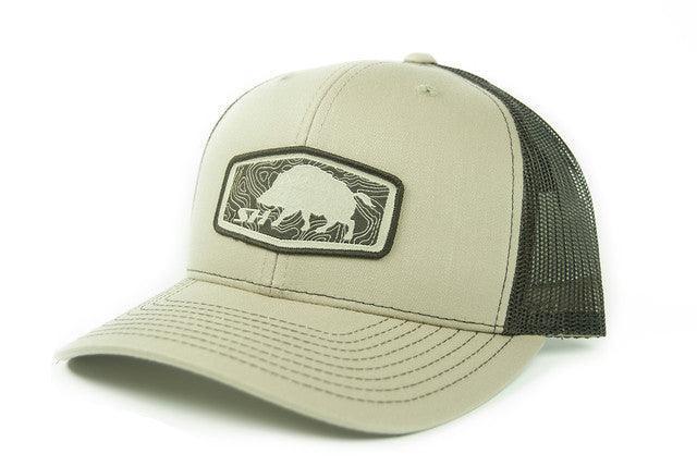 Beige and black mesh Snapback archery cap with embroidered animal patch, Spot Hogg design