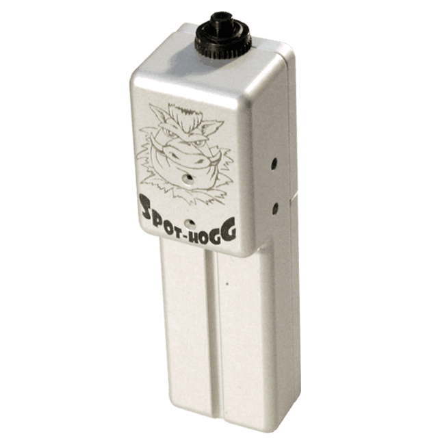 Spot-Hogg archery laser alignment tool in silver with logo, used for bow tuning