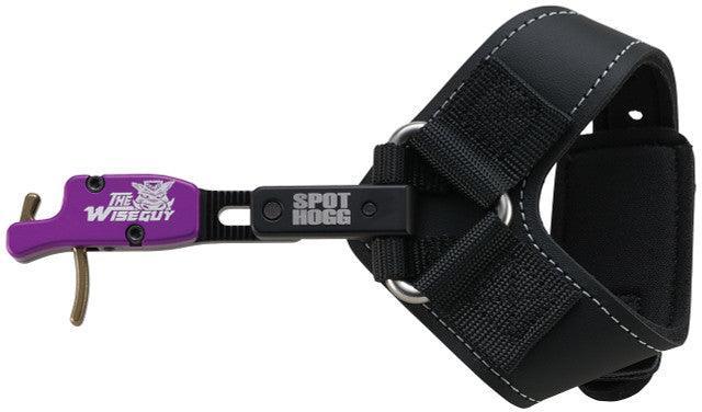 Spot Hogg Wiseguy rigid archery release with black wrist strap and purple trigger