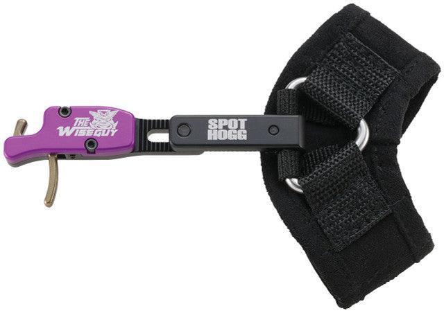 Spot Hogg Wiseguy rigid archery release with black wrist strap and purple head