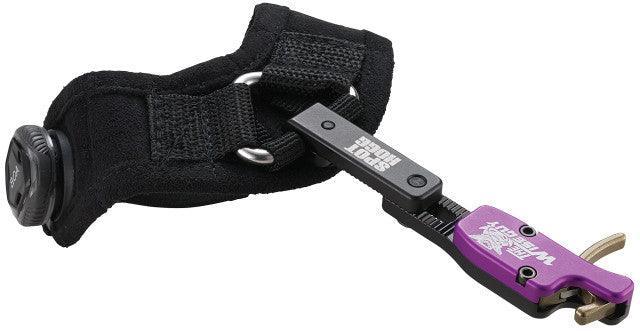 Spot Hogg Wiseguy rigid archery release in black and purple on white background