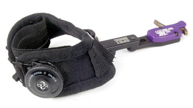 Spot Hogg Wiseguy rigid archery release with black wrist strap and purple trigger