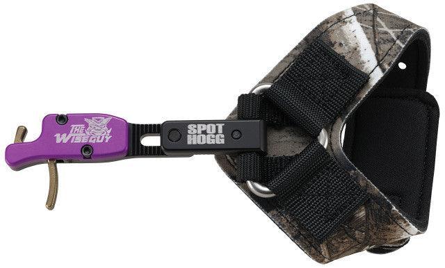 Spot Hogg WiseGuy rigid release archery wrist strap with camouflage and purple trigger