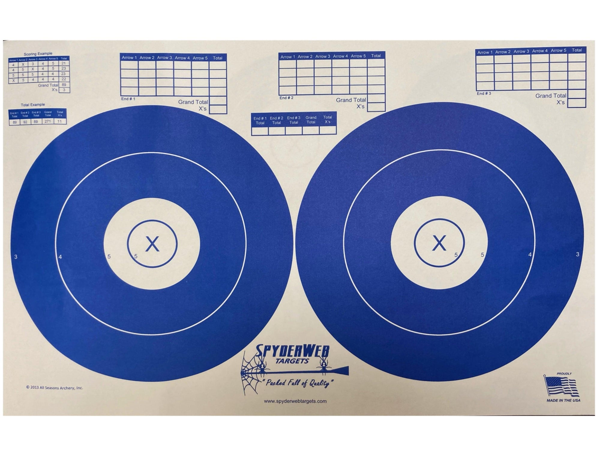 SpyderWeb Archery paper reversible spot target with dual blue rings and scoring charts