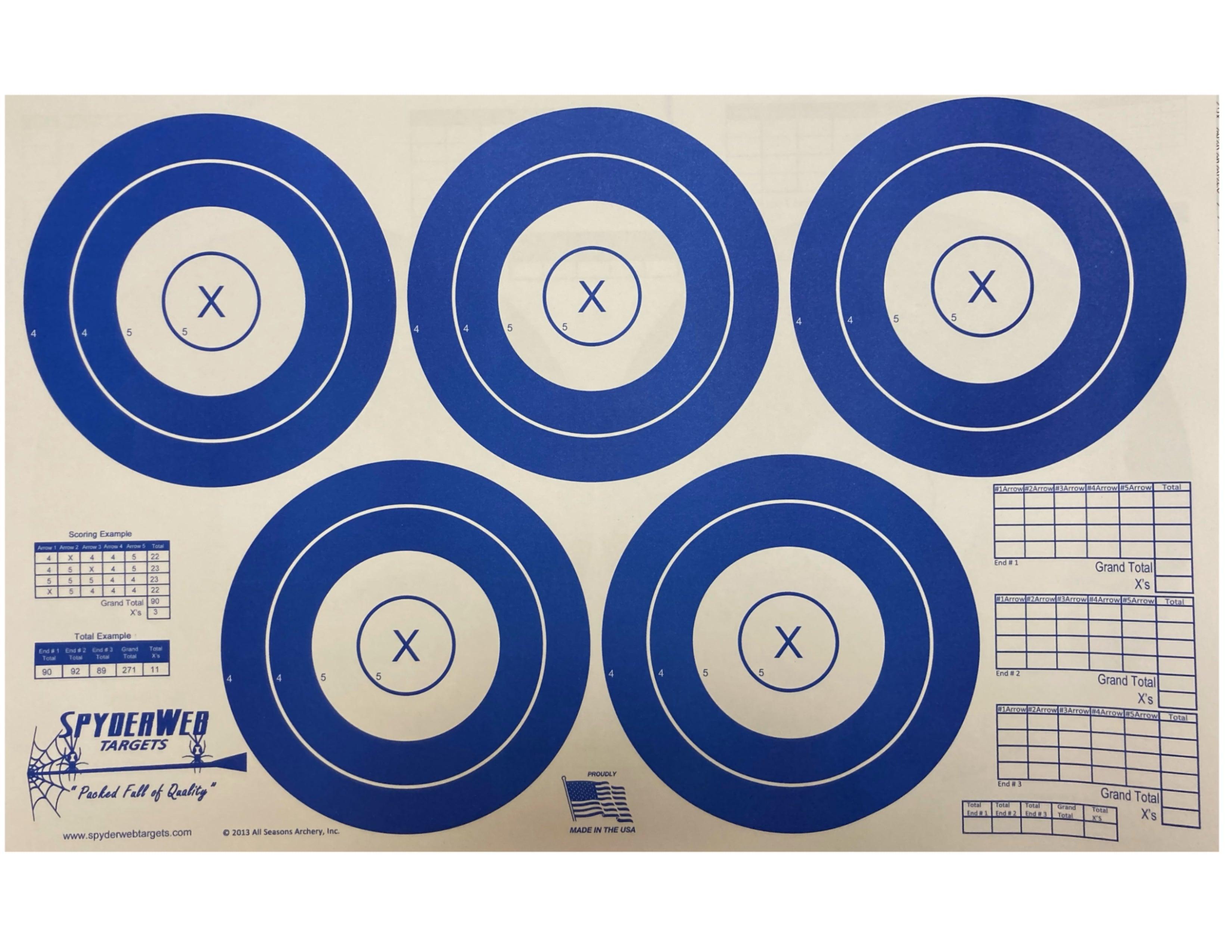 SpyderWeb archery paper spot target with five blue bullseyes and scoring tables