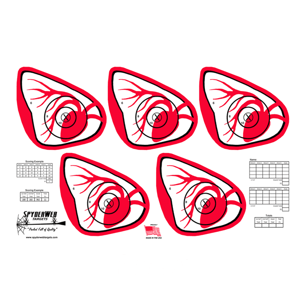 SpyderWeb deer vitals dual face paper target with five red bullseye shooting zones