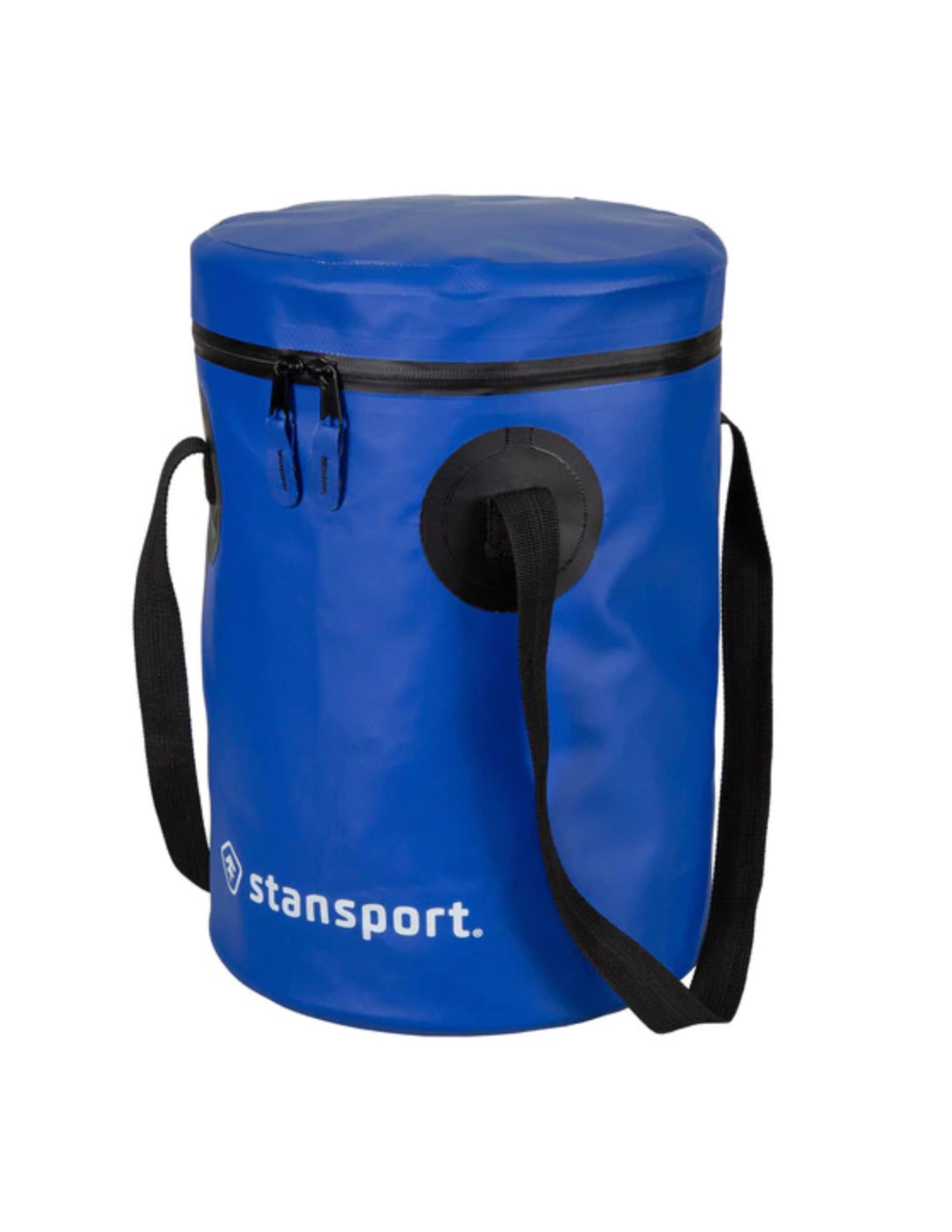 Blue Stansport 12-liter outdoor trail bucket with lid and black strap on white background