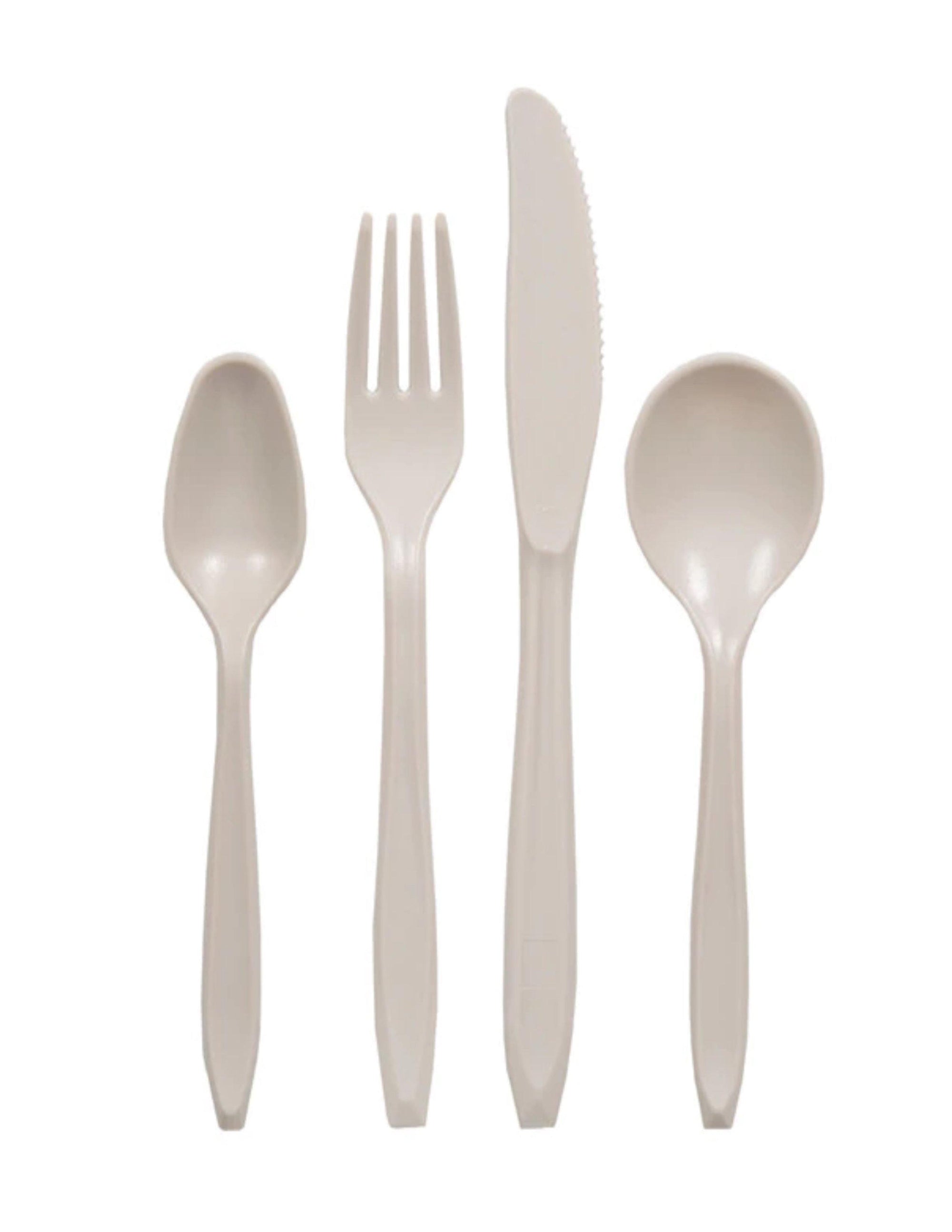Stansport 16-piece beige plastic cutlery set with spoon, fork, knife and soup spoon on white