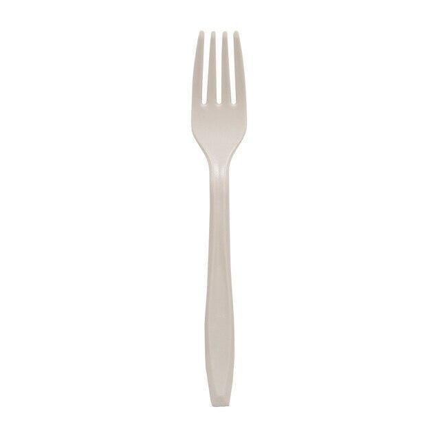 Single beige plastic fork on white background, camping cutlery utensil