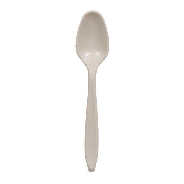 Silver plastic camping spoon on white background, outdoor cutlery utensil