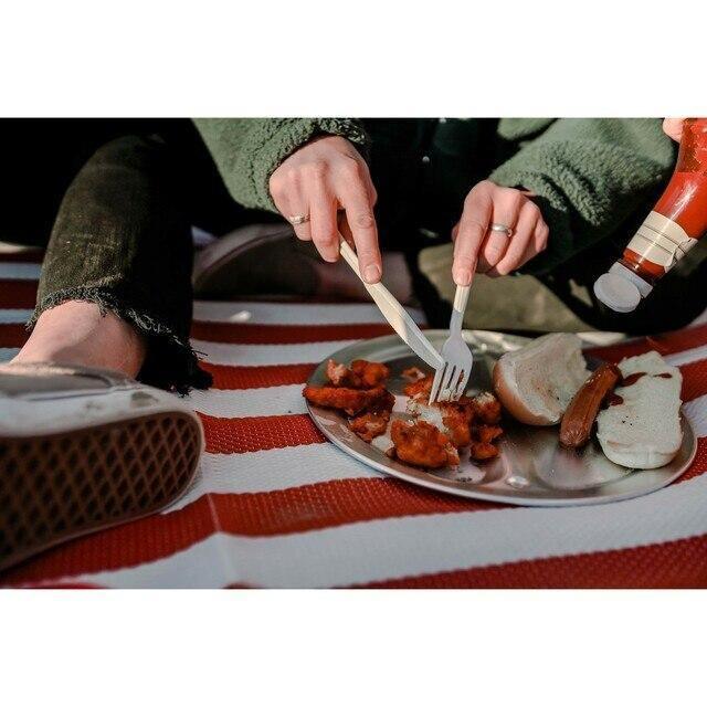 Camping meal on a striped blanket with Stansport cutlery set, hot dog, and chicken.