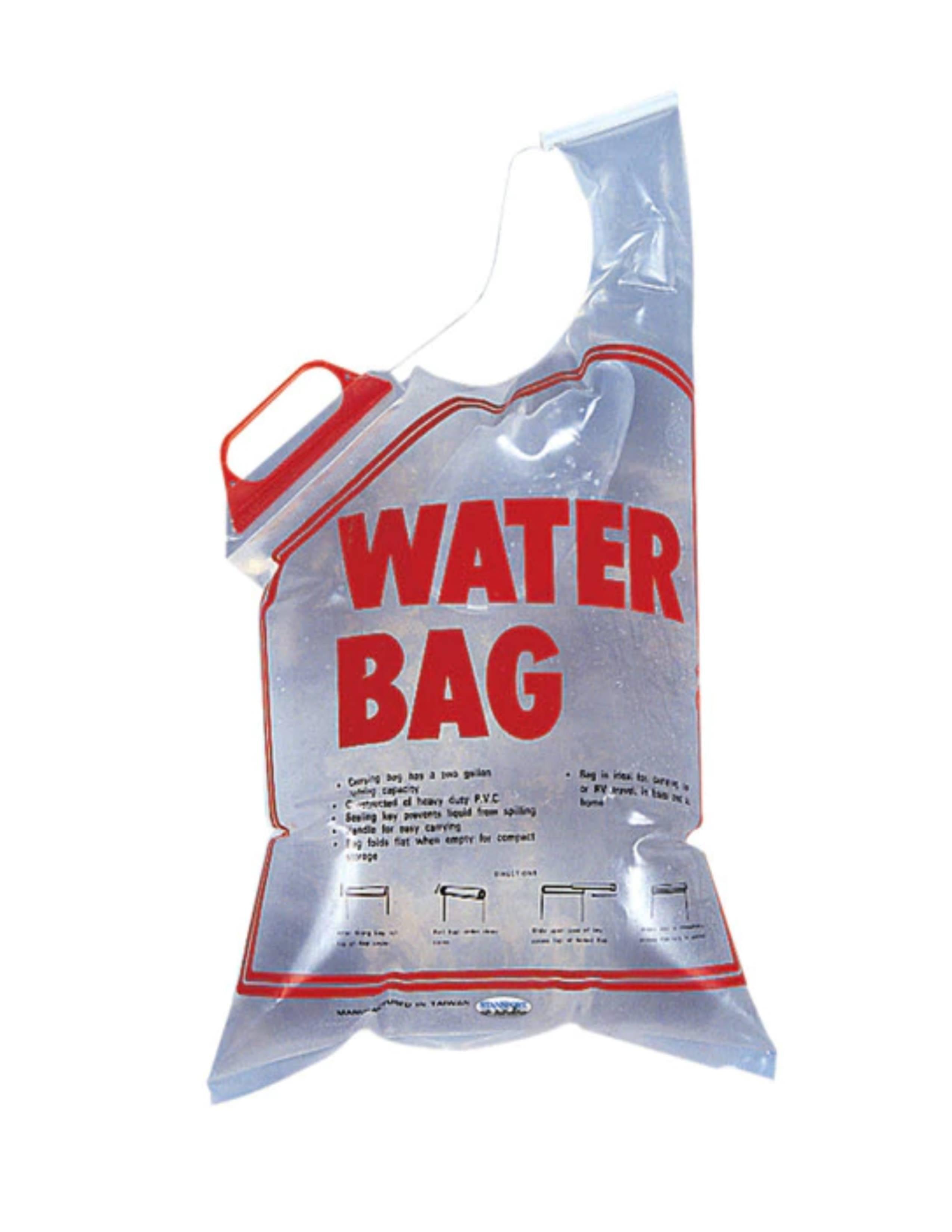 Clear plastic 2-gallon Stansport water bag with red handle and bold WATER BAG text