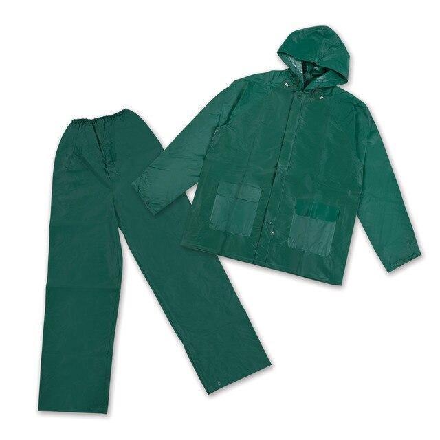 Green two-piece industrial rain suit with hooded jacket and pants on white background