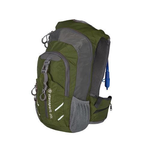 Stansport 20L green day pack with hydration bladder, mesh pockets, and reflective details
