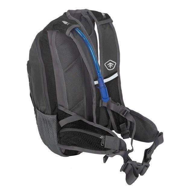 Black and gray day pack backpack with hydration bladder and blue drinking tube