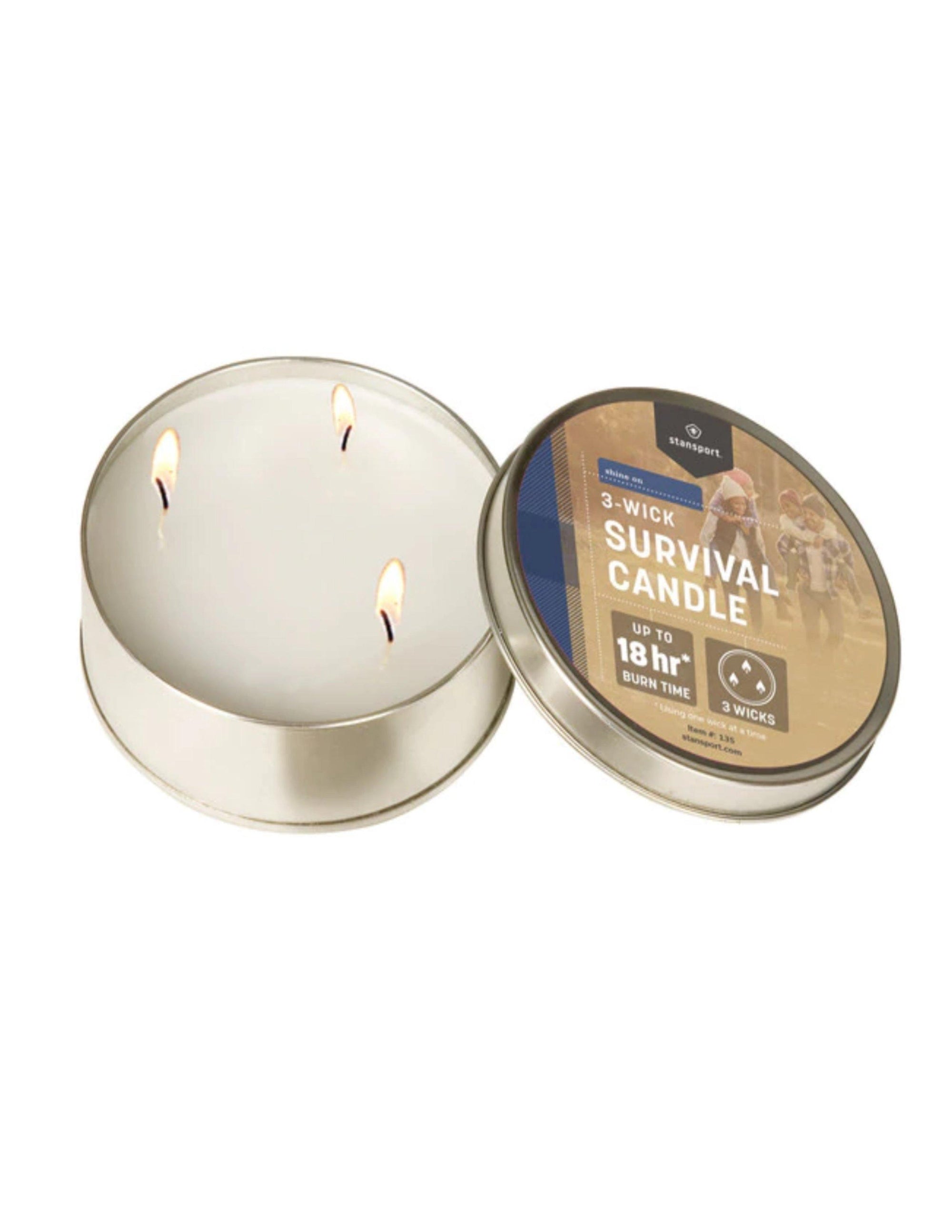 Stansport 3-wick survival candle in metal tin with labeled lid, three flames visible