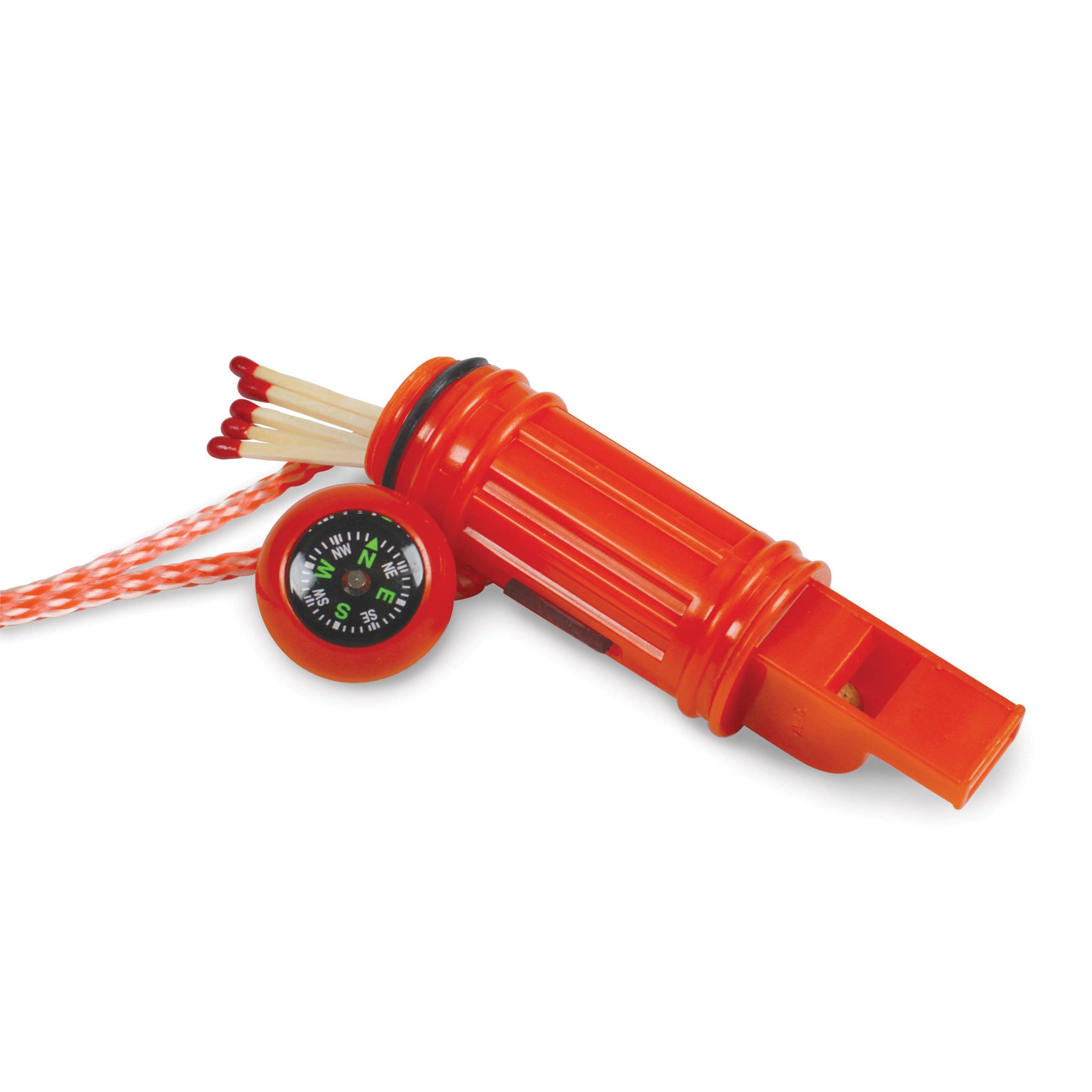 Orange 5-in-1 survival whistle with compass, matches, and lanyard for outdoor camping