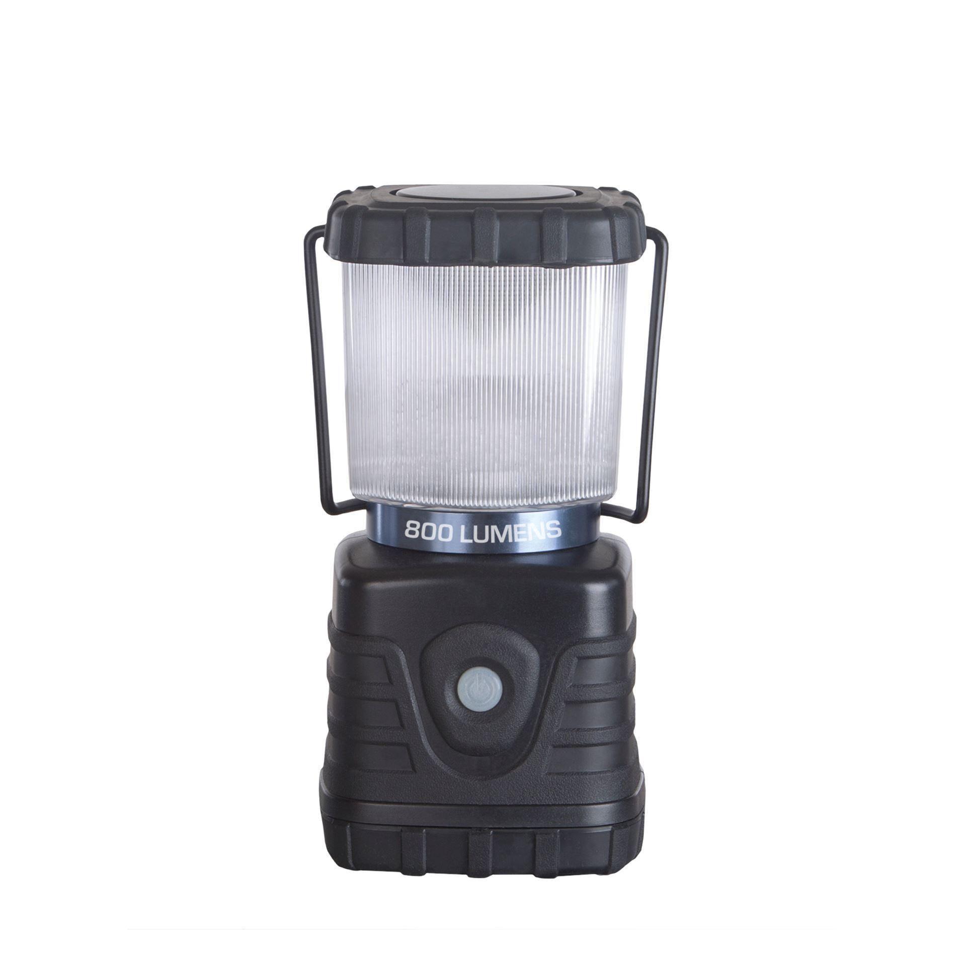 Black 800 lumen LED lantern with handle, ridged clear cover and power button, product photo