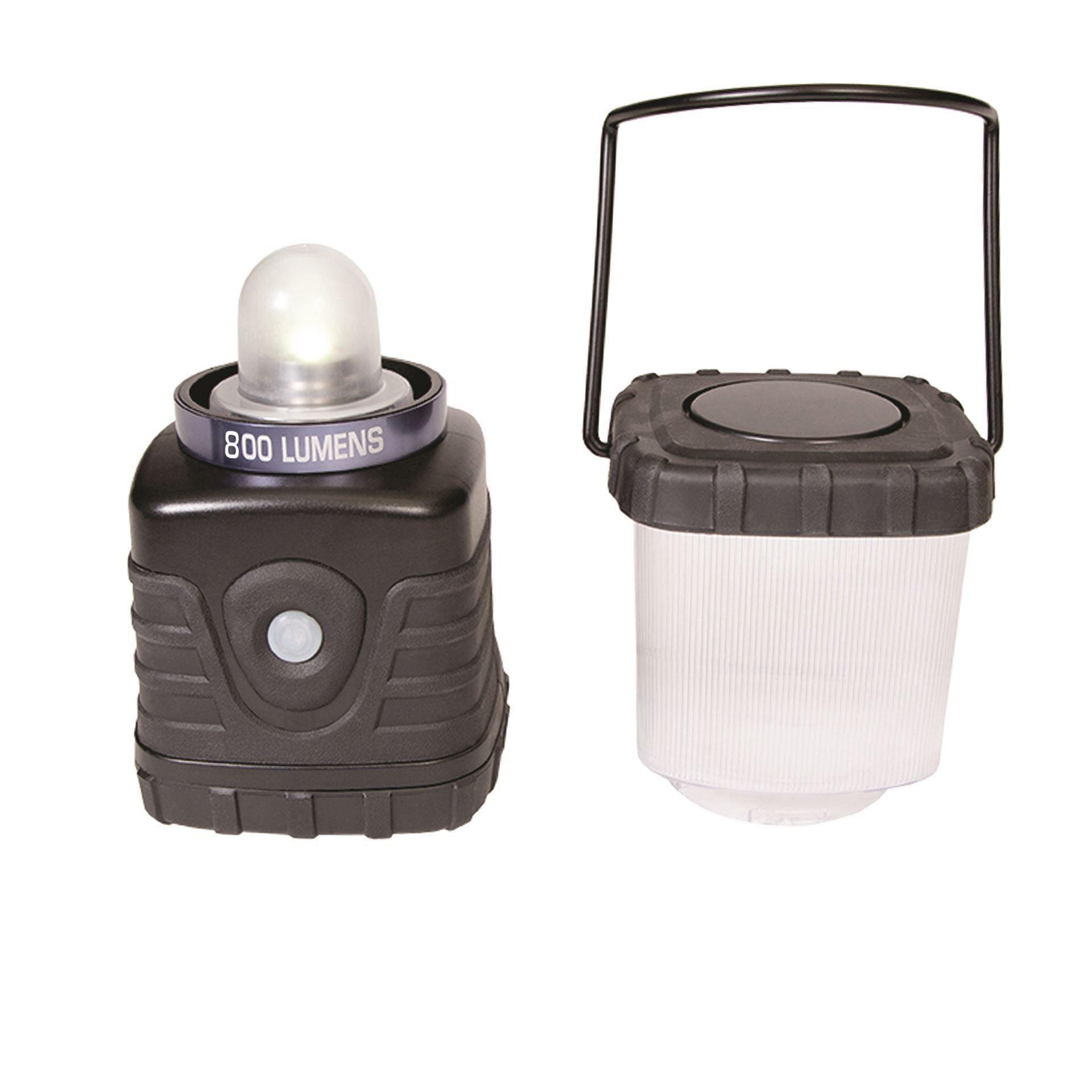 Stansport 800 lumen lantern with SMD bulb, black and white, handle up, isolated