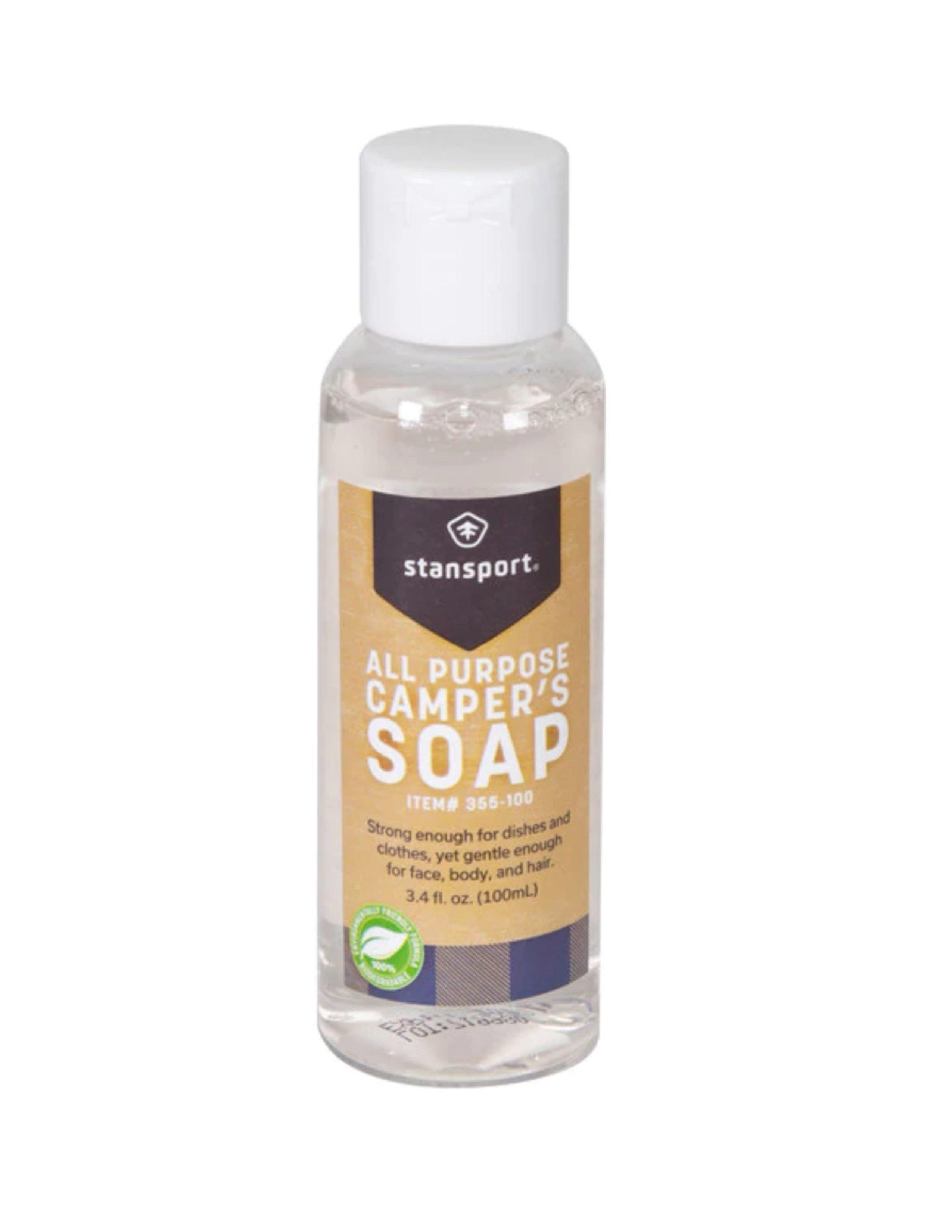 Stansport all purpose camper's soap 3.4 oz clear bottle with white cap on white background