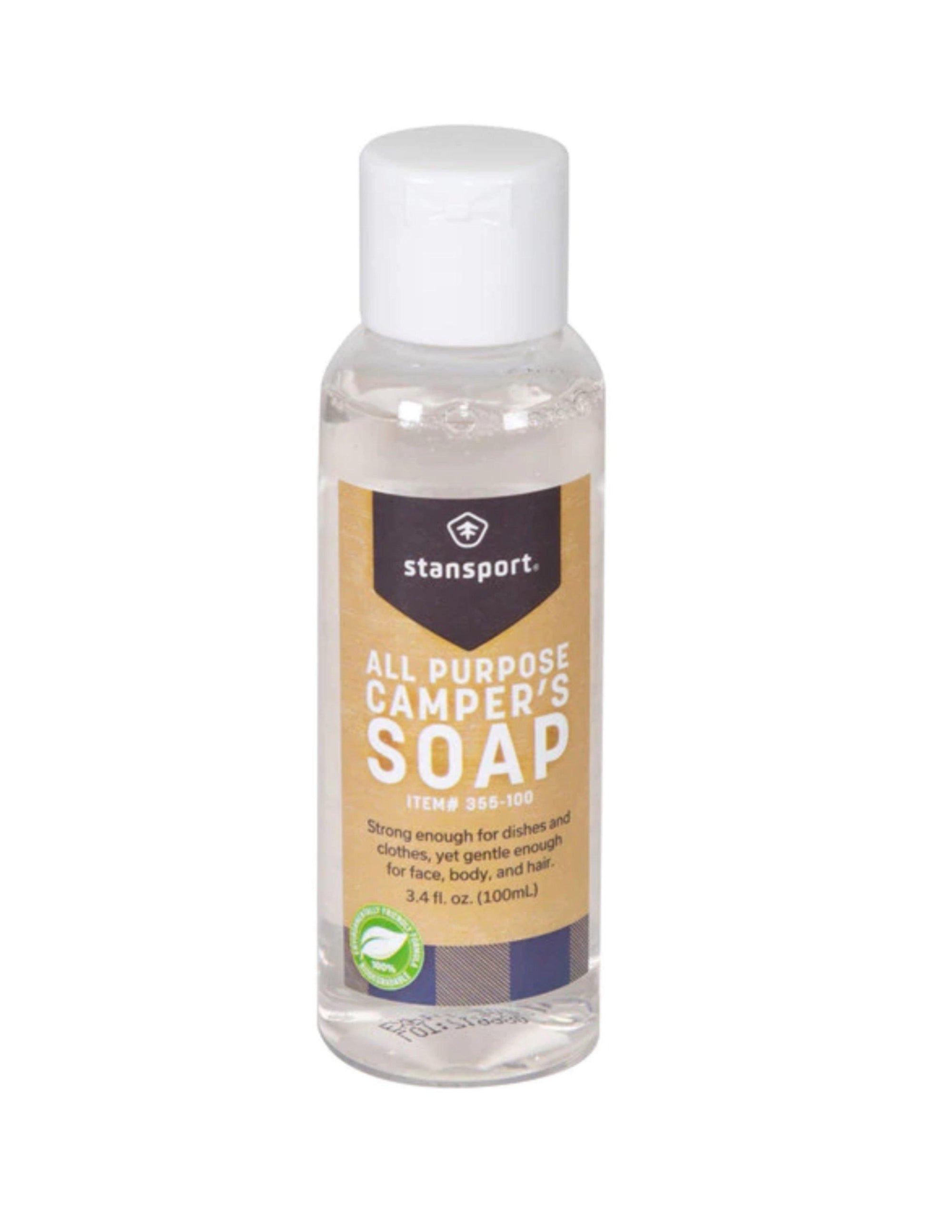 Stansport all purpose camper's soap 3.4 oz clear bottle with white cap on white background