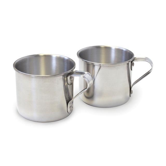 Pair of Stansport aluminum camping drink cups with handles on white background