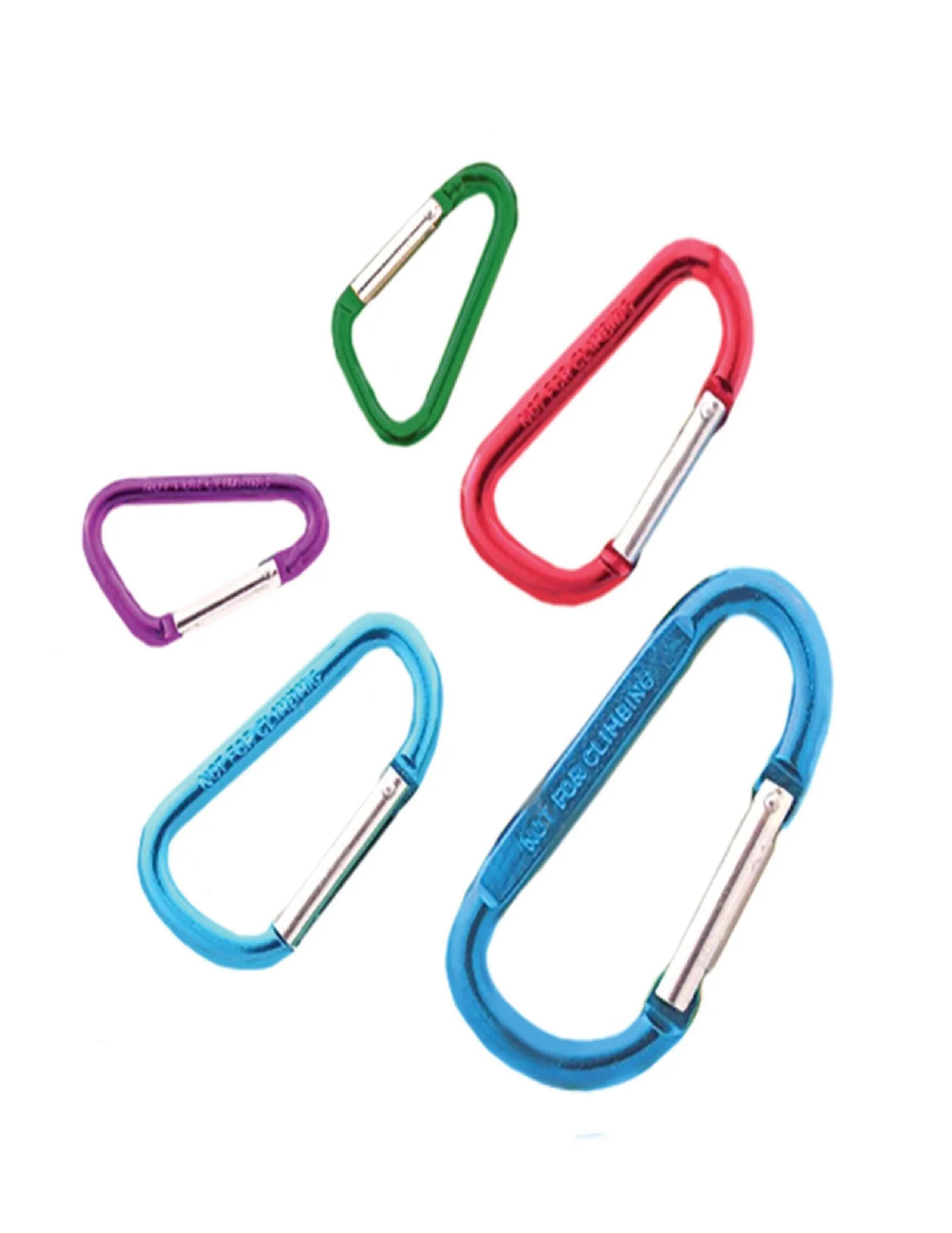 Assorted Stansport carabiners 5-pack in blue, red, green, purple on white background