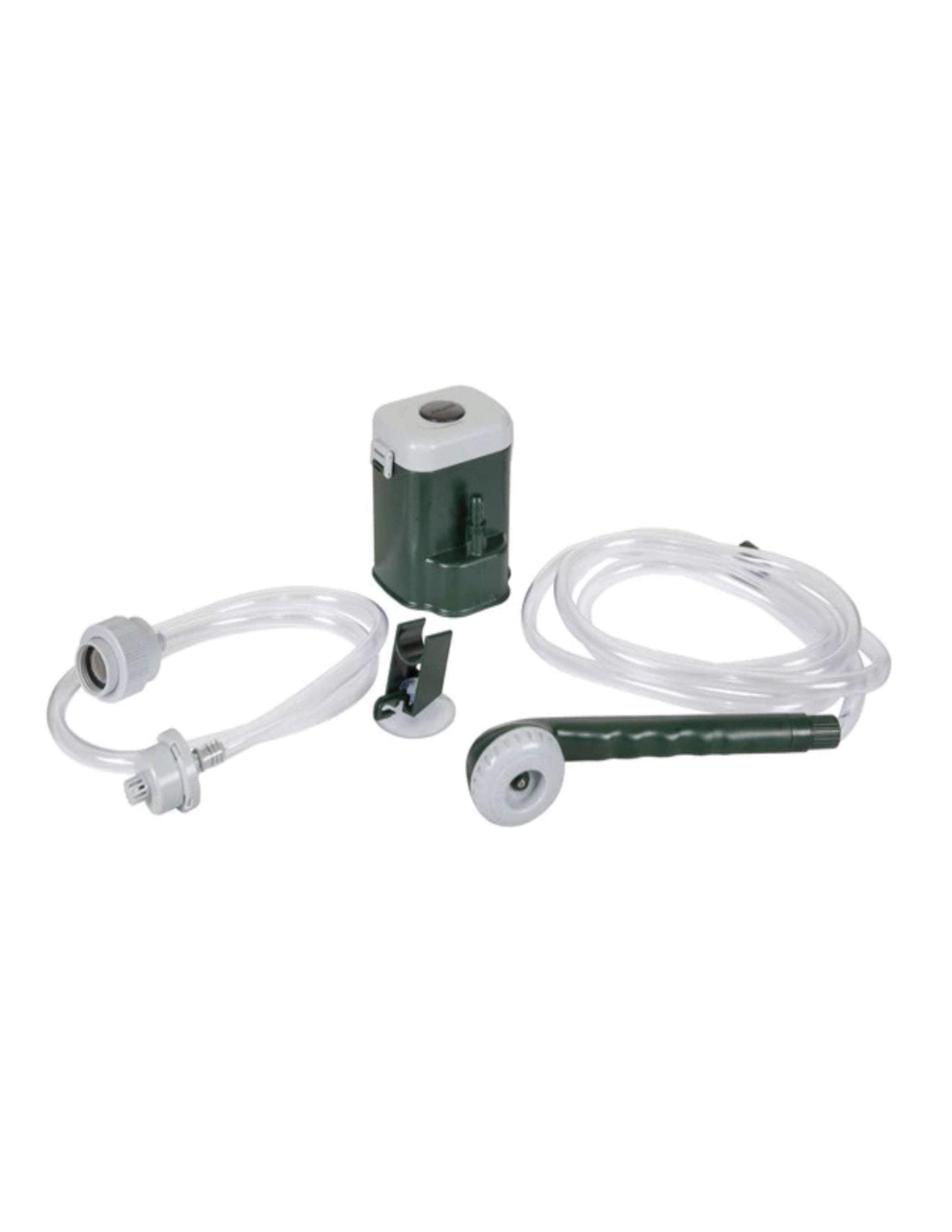Stansport battery powered portable shower with green pump, hose, and showerhead