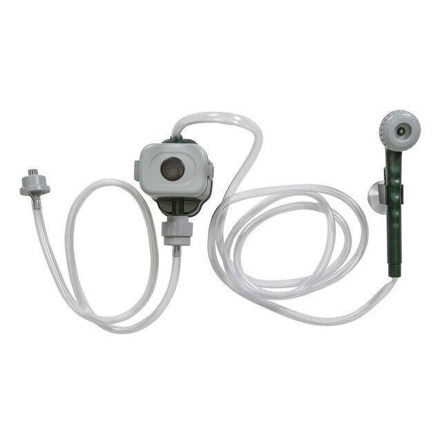 Stansport battery powered portable shower with hose and green showerhead on white background