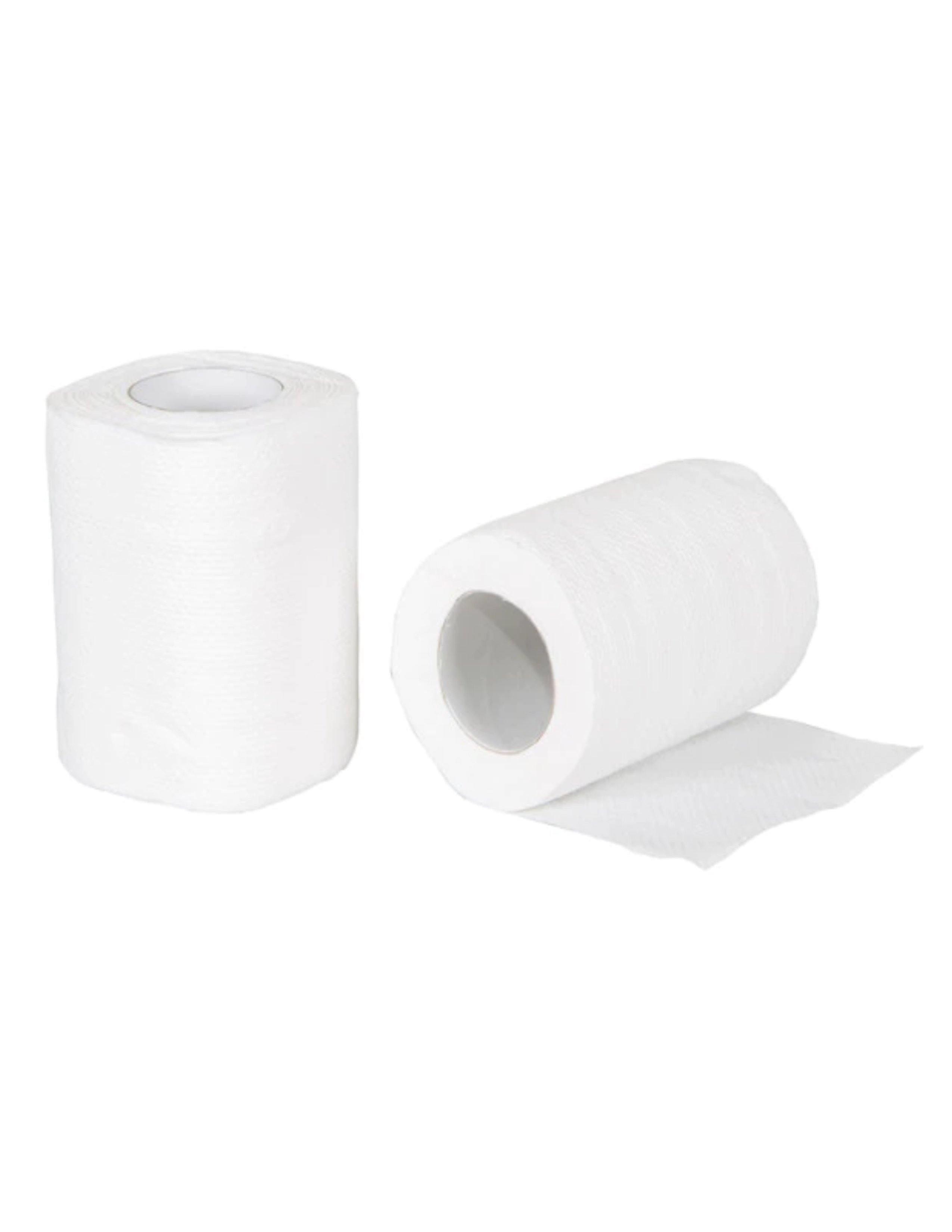 Two rolls of biodegradable toilet tissue on white background
