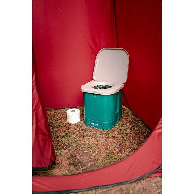 Stansport portable camping toilet with toilet paper inside red privacy tent on grass